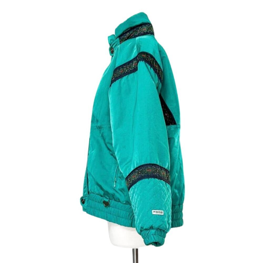 Vintage 80’s Fera Ski Wear Bright Teal Green Blue Ribbon Trim Winter Puffer Coat - Picture 4 of 6